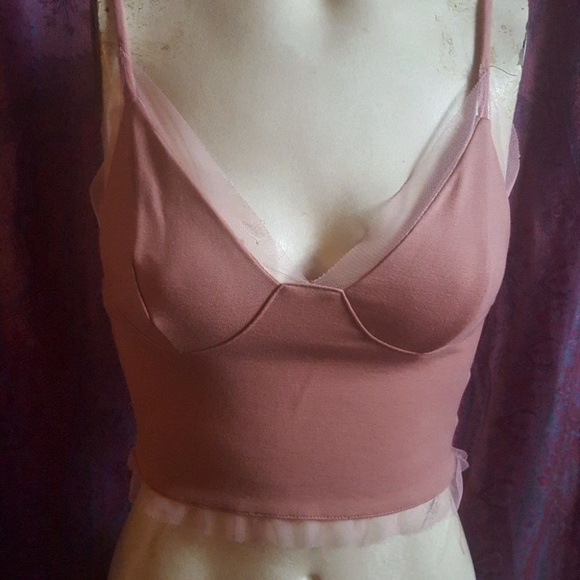 UO Silence + Noise Pastel Pink Blush Crop Top longline Bralette Cami mesh trim - Picture 2 of 5